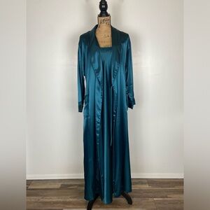Cabernet Sleepwear Satin Robe Nightgown Set Size S Teal Lace Trim  Long Sleeves